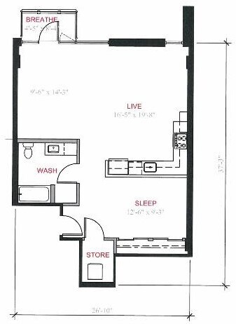 1 Bed 1 Bath  A3 1006 floor plan